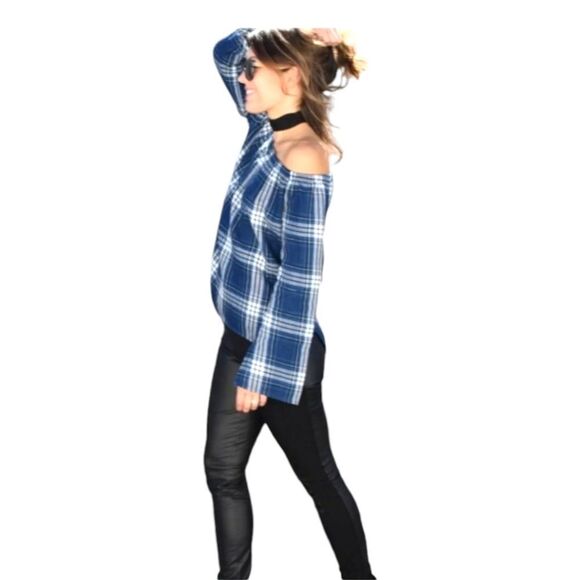 CLOTH & STONE Women's Long Bell Sleeve Off Shoulder Homestead Blue Plaid Blouse - Picture 12 of 16